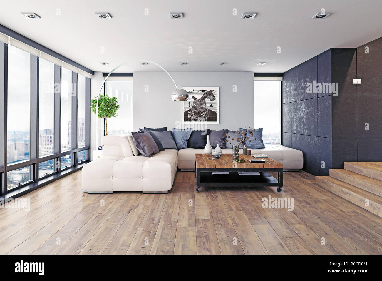 Modernes Design Wohnzimmer eingerichtet. 6D-rendering Konzept Modernes Design Wohnzimmer eingerichtet. 6D-rendering Konzept
