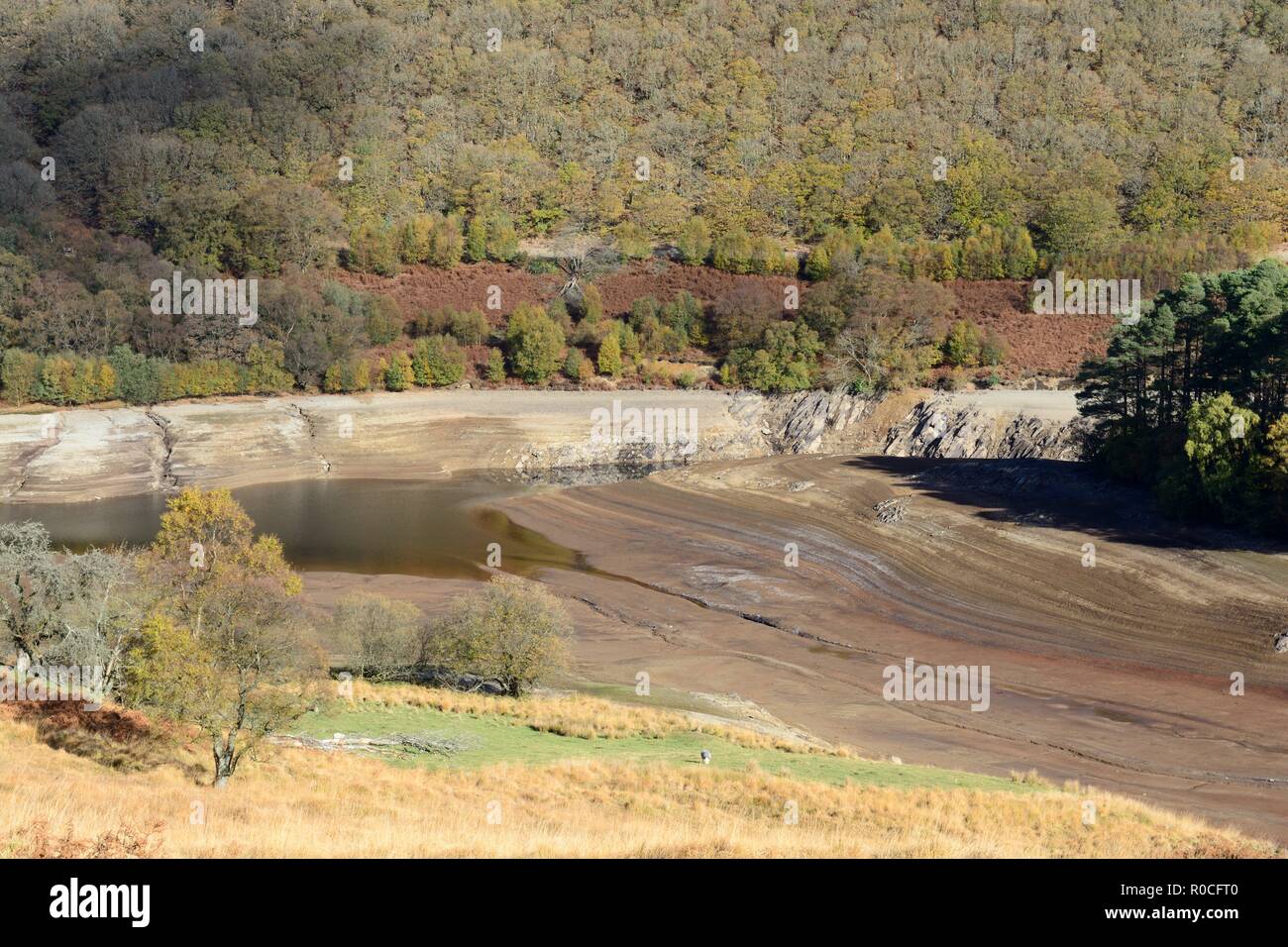 Niedrige Wasserstände an Craig Goch Behälter Elan Valley November 2018 High Peak Wales Cymru GROSSBRITANNIEN GB Stockfoto