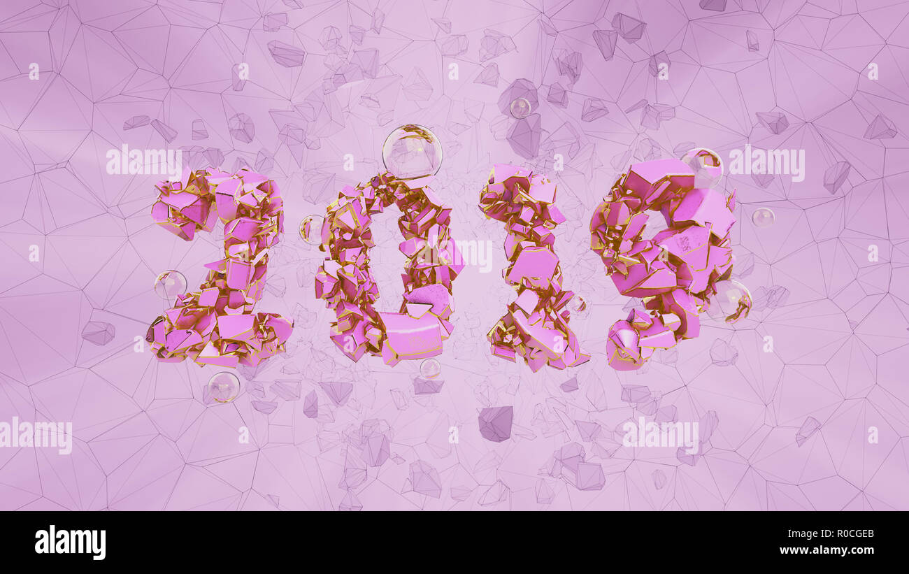 Frohes Neues Jahr Banner mit 2019 trendy pink Farbe Zahlen durch zerbrochene Risse im Stein mit fliegenden Glas oder Wasser Kugeln auf hellen Hintergrund gemacht. abstrakten 3D-Darstellung Stockfoto