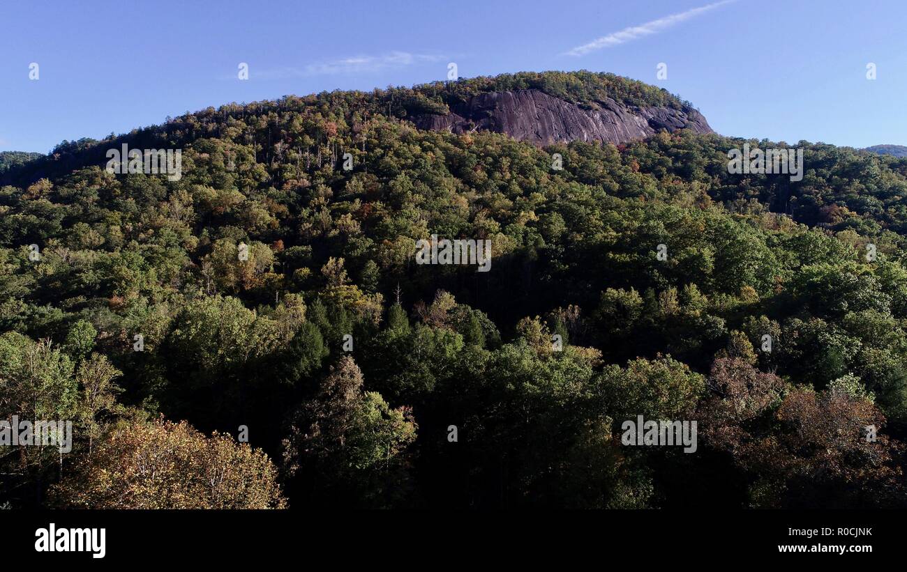 Antenne (Drone) Cat Loop Wanderweg (felsigen Gipfel Bergspitze) Laubwald und Bäume, Berge, Pisgah National Forest, North Carolina, USA, erfasst. Stockfoto