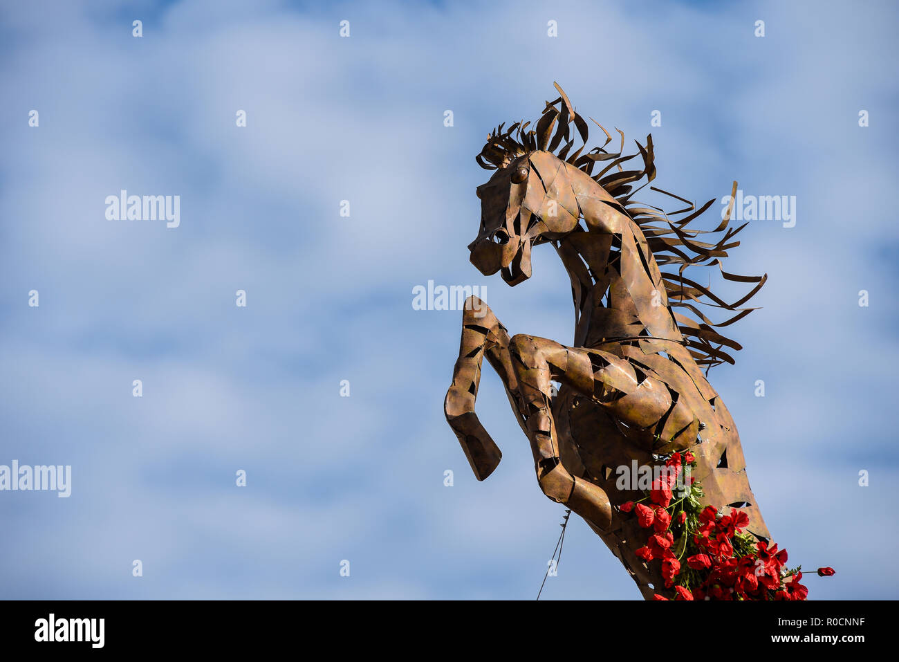 Erinnerung Armistice Day hundertste Todestag Pferd mit roter Mohn wächst heran. Roslin Beach Hotel erster Weltkrieg, Weltkrieg Memorial Anzeige Stockfoto