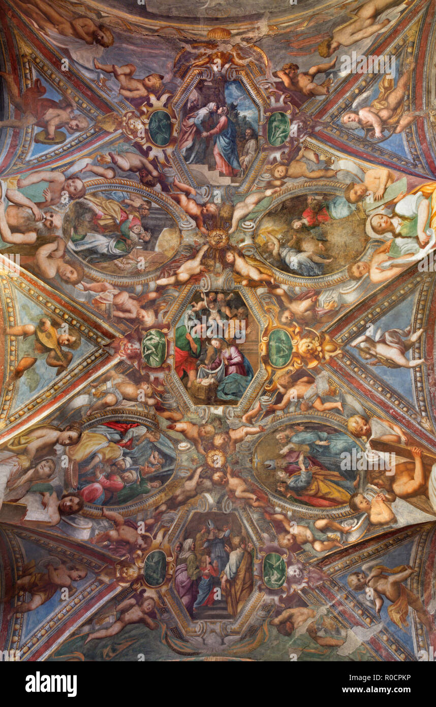 PARMA, Italien - 17 April, 2018: Das Fresko Krippe auf der Decke der Kirche Chiesa di Santa Maria degli Angeli von Pier Antonio Bernabei (1620). Stockfoto