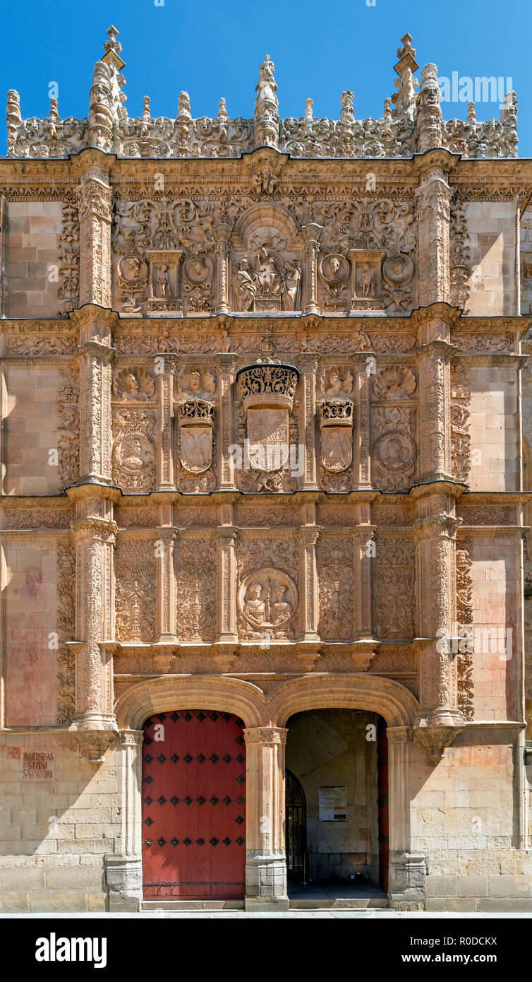 Dekorative Fassade der Universität von Salamanca auf der Patio de Escuelas Mayores, Calle Libreros, Salamanca, Castilla y Leon, Spanien Stockfoto