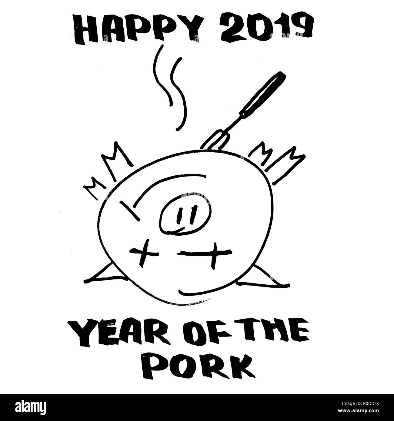 Happy 2019 Jahr der Schweinefleisch - Lustige pictere mit Grußansagen Stockfoto