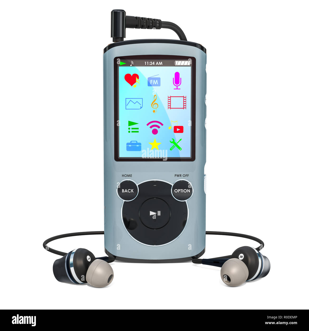 Digital Audio Player mit Kopfhörern. 3D-Rendering auf weißem Hintergrund Stockfoto