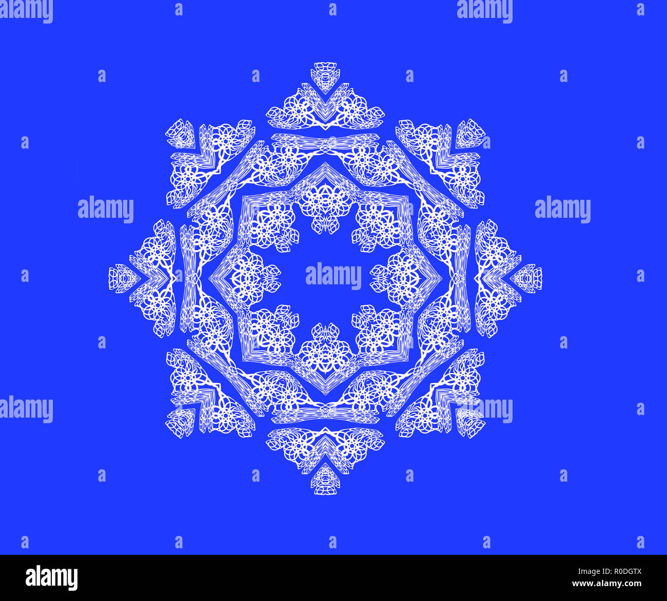 Weiß Ornamente auf Königsblau Stat, Blumen, Kranz. Schneeflocke Stockfoto