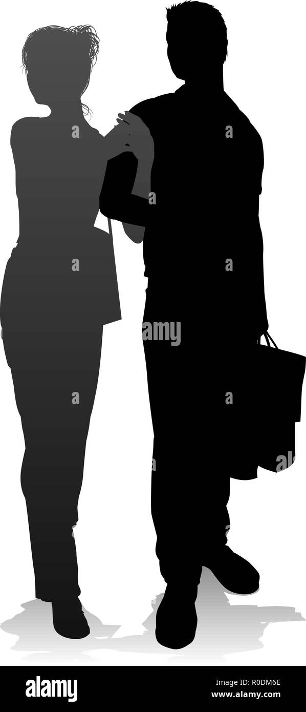 Junge Paar Einkaufen Silhouetten Stock Vektor