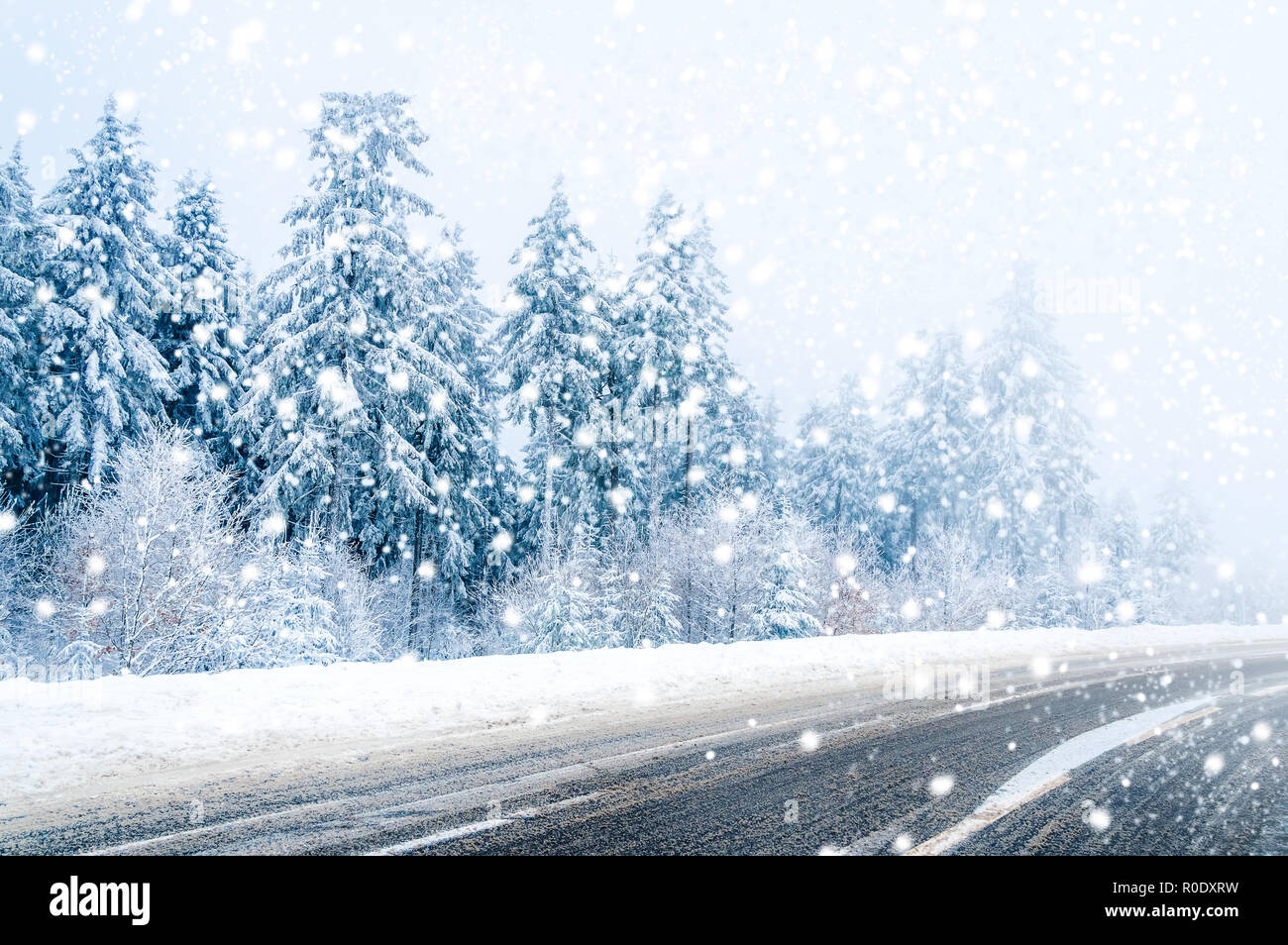 Winterlandschaft: Straße, schneebedeckte Bäume und fallenden Schnee Stockfoto
