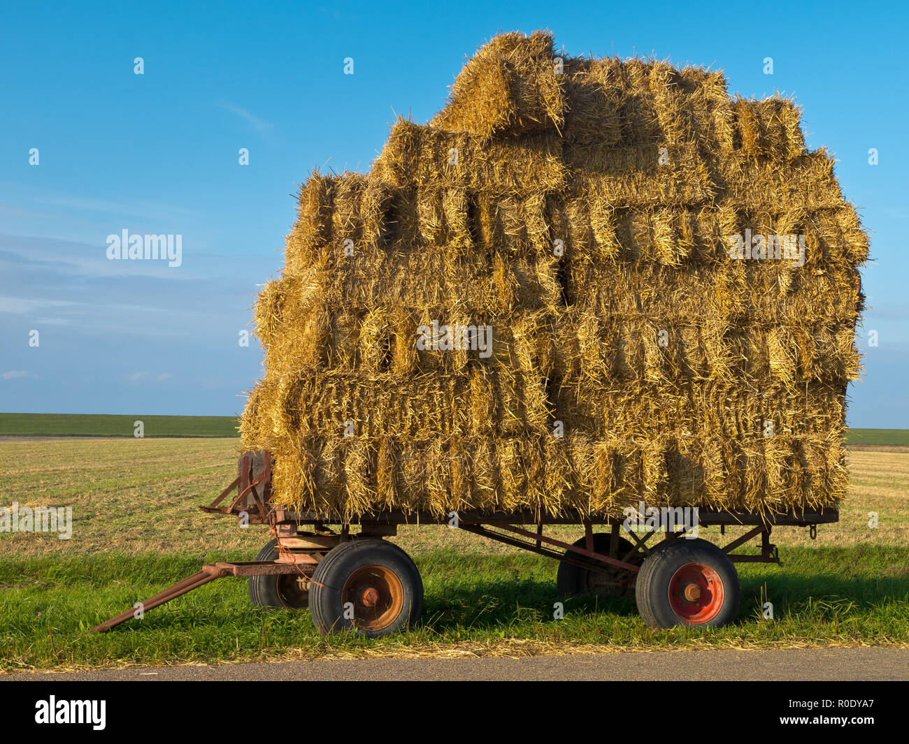 Heuwagen entlang einer Straße in sonnige Landschaft warten auf Transport Stockfoto