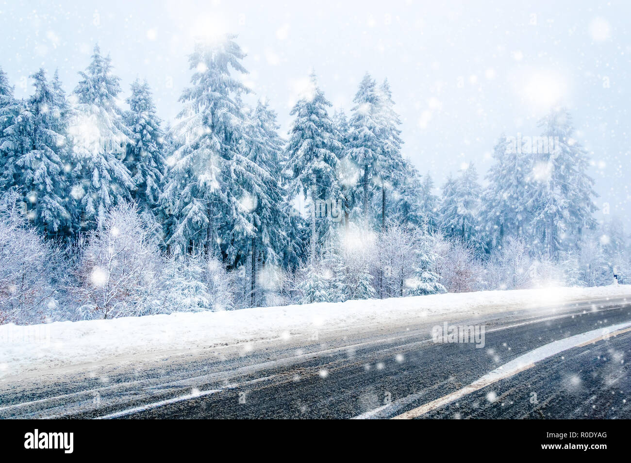 Zauberhafte Winterlandschaft: Straße, schneebedeckte Bäume und fallenden Schnee Stockfoto