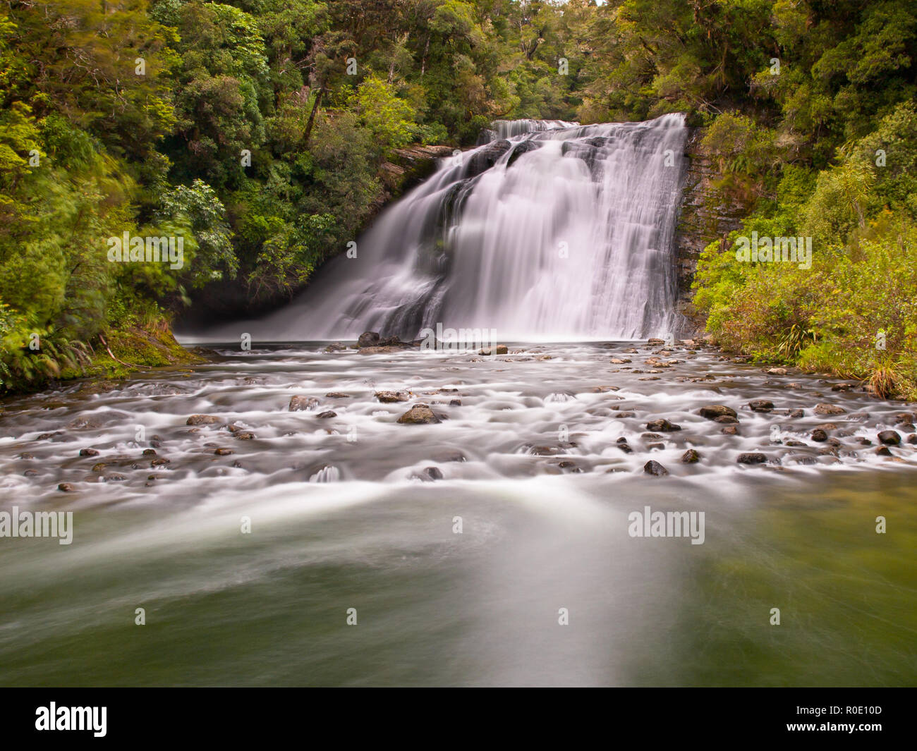 Lange Belichtung Bild von einem Wasserfall in einem üppigen Regenwald in Neuseeland Stockfoto