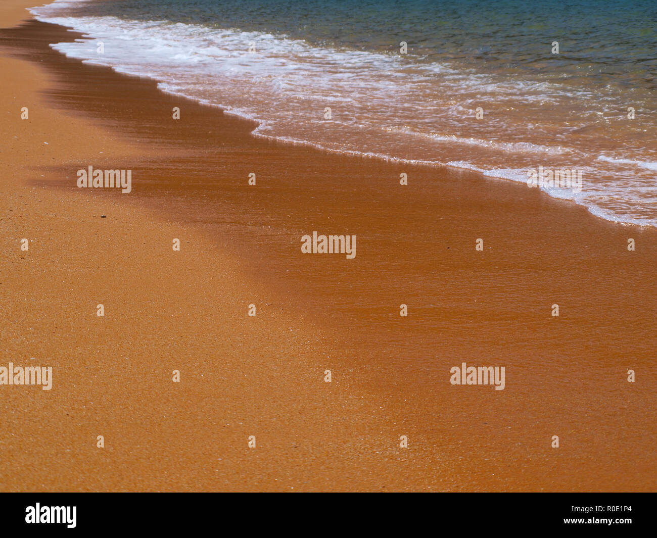 Einladende Golden Sand Beach an einem sonnigen Tag ohne Menschen Stockfoto