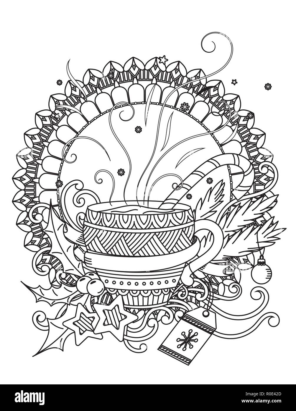 Becher mit heißer Schokolade. Nach Malbuch Seite. Weihnachtsdekoration, Bälle, Bänder, Lebkuchen, und Beeren. Hand Vector Illustration gezeichnet. Stock Vektor