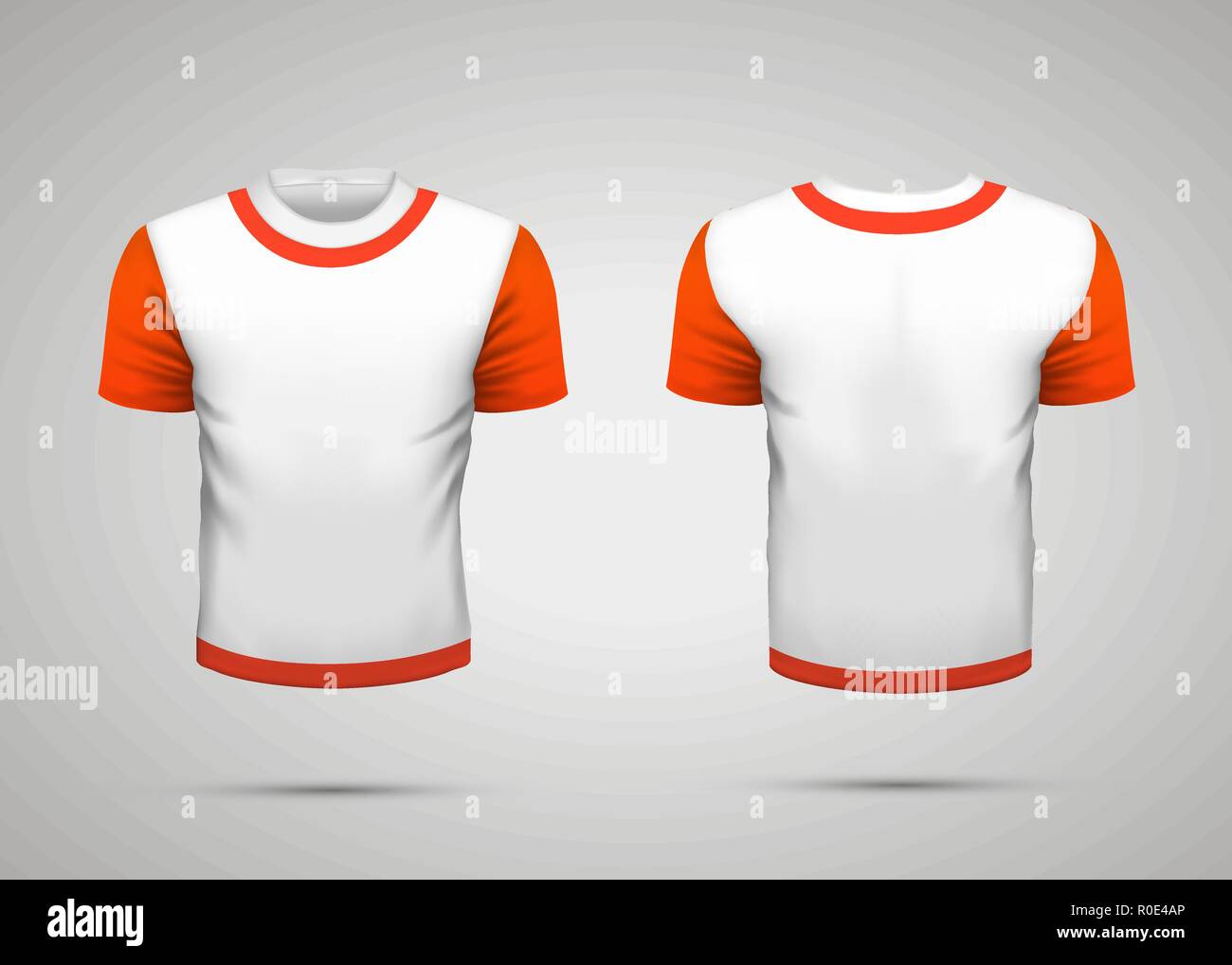 Realistische weißen Sport t-shirt mit roten Ärmeln und Kragen von der  Vorder- und Rückseite Stock-Vektorgrafik - Alamy
