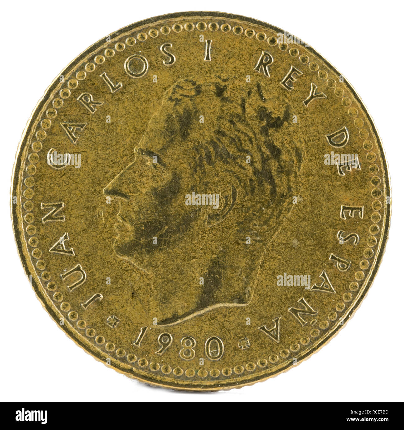 Alte spanische Münze von 1 Peseta, Juan Carlos I. Jahr 1980, 81 im Stern. Vorderseite. Stockfoto