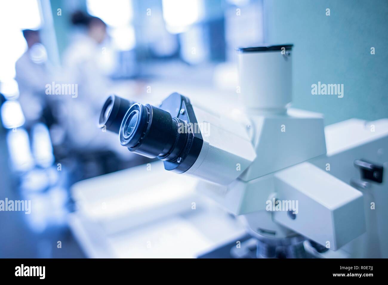 Mikroskop im Labor, in der Nahaufnahme. Stockfoto