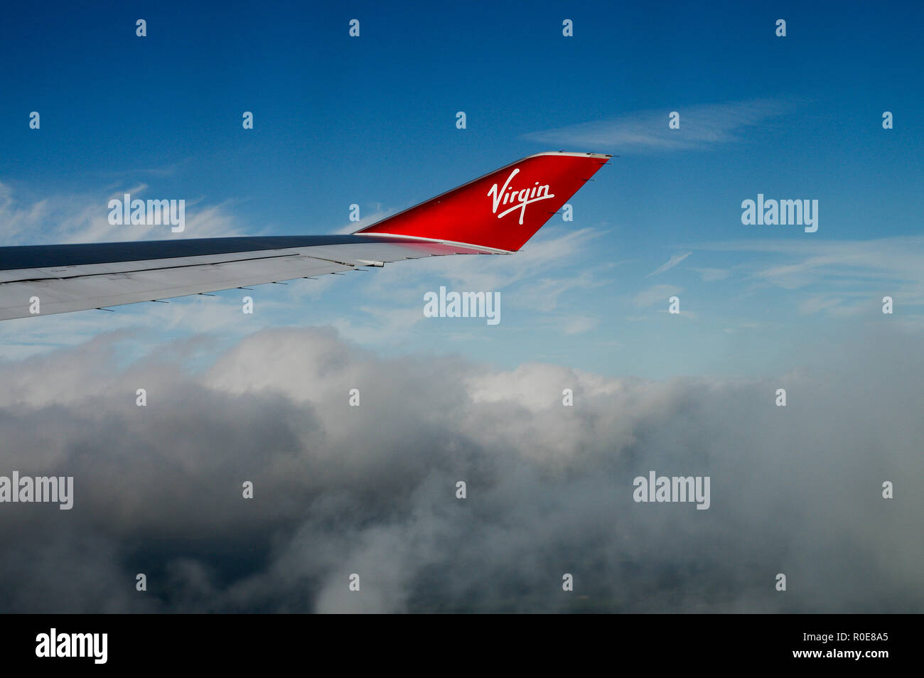 Markante winglet von Virgin Atlantic Boeing 747-Flugzeuge an Bord Stockfoto