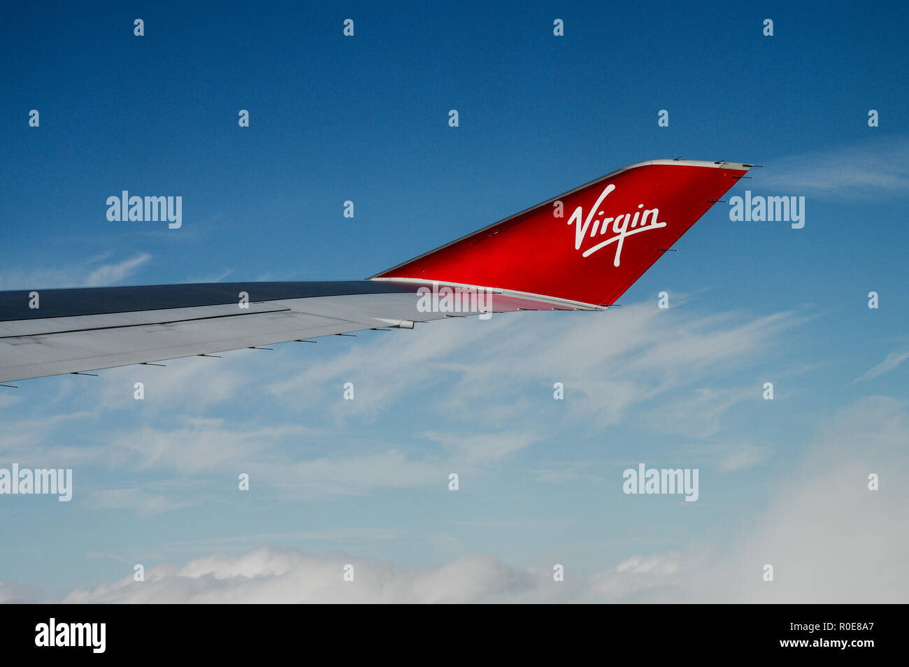 Markante winglet von Virgin Atlantic Boeing 747-Flugzeuge an Bord Stockfoto