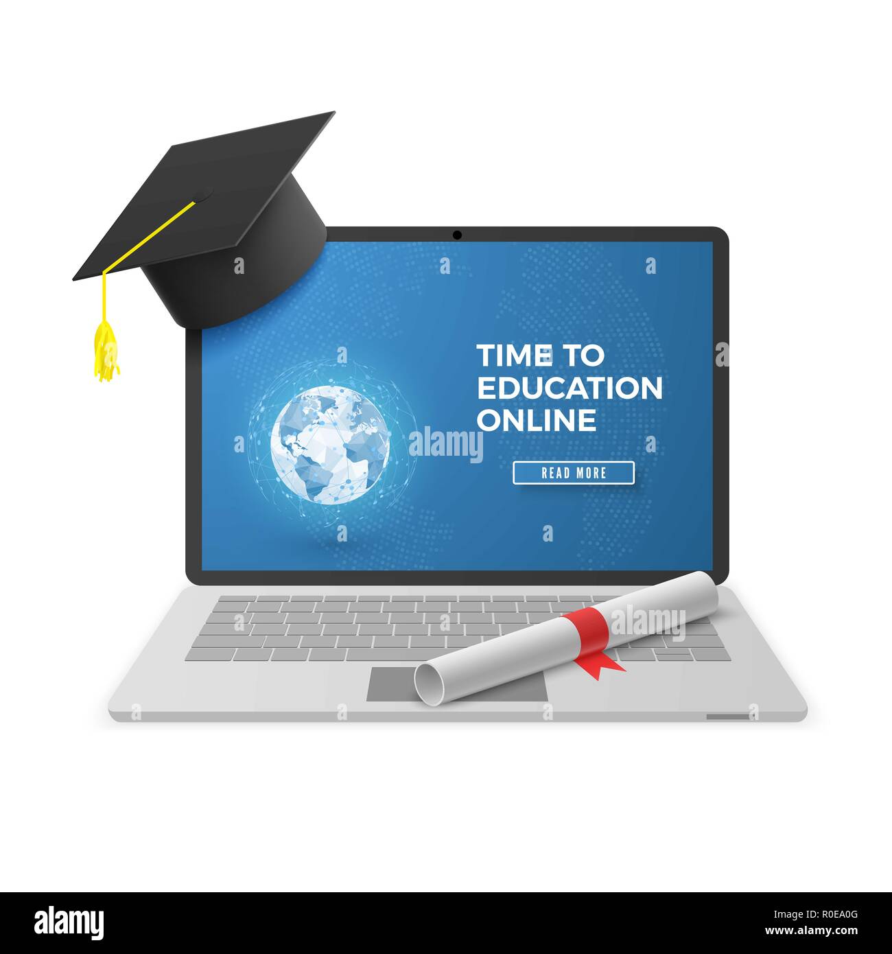 Bildung Online Konzept. Distant Learning Technology. Notebook mit Graduierung Hut und Diplom und Ausbildung Online Text auf dem Bildschirm. Vektor illustrati Stock Vektor