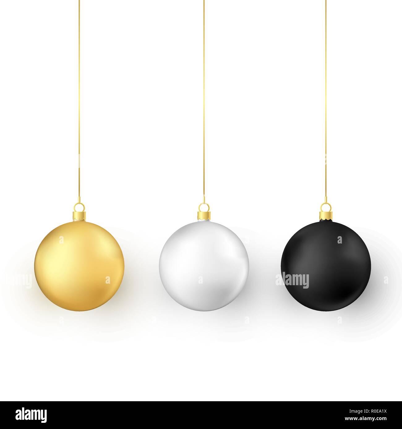 Satz von Weihnachten Kugeln. Realistische glänzend Weihnachten und Neujahr Christbaumschmuck. Golden Weiß und Schwarz traditionellen Urlaub realistische Weihnachtskugeln. Vec Stock Vektor