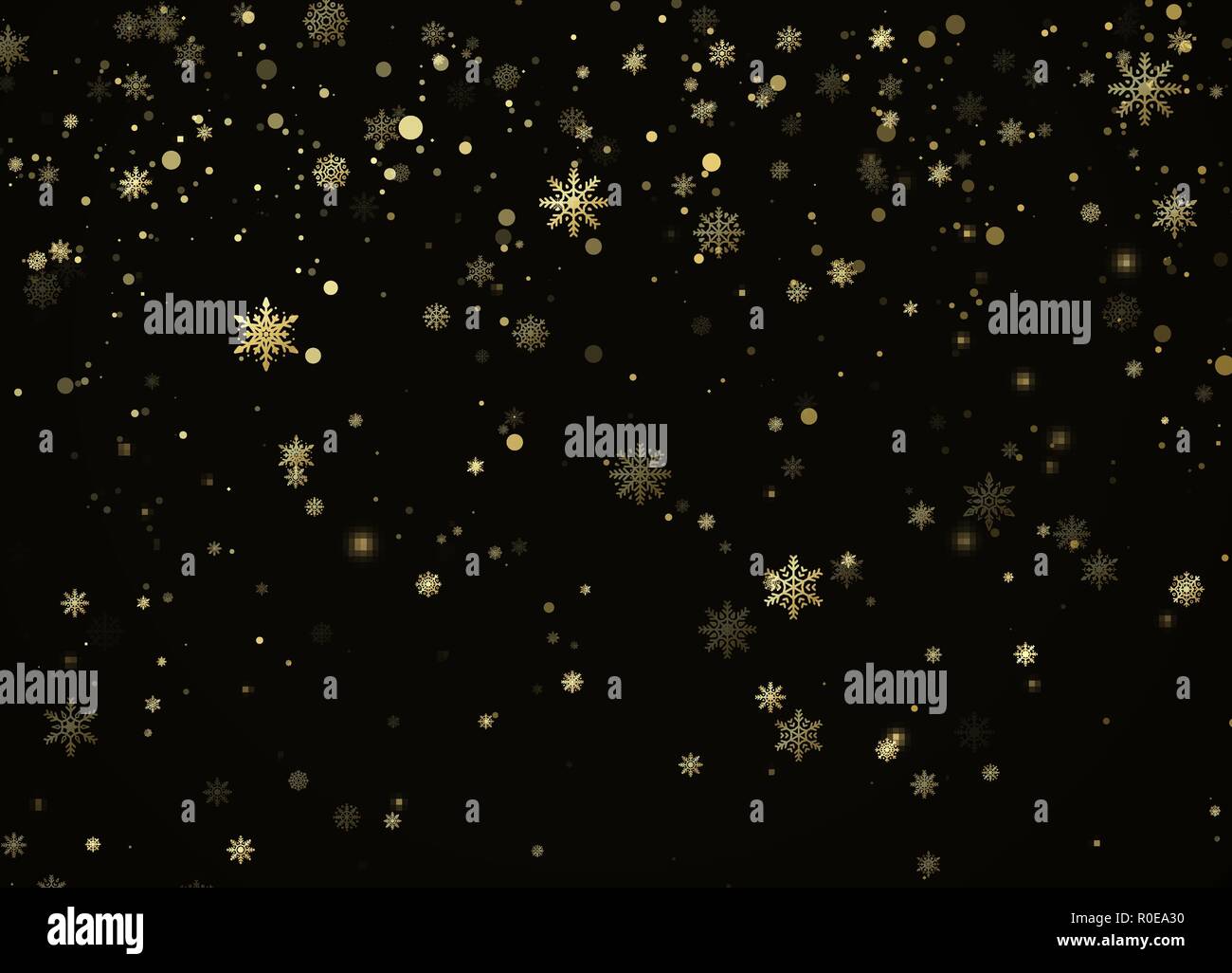 Golden Schneefall. Urlaub Dekoration Hintergrund. Neues Jahr und Weihnachten Muster mit goldenen Schneeflocken auf schwarzem Hintergrund. Vector Illustration Stock Vektor