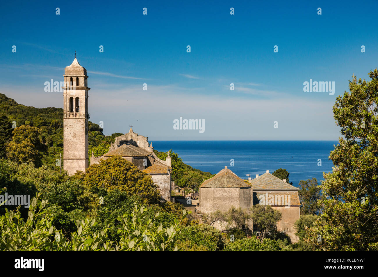 Kirche Santa Maria Assunta in Dorf Pino, Mittelmeer, Cap Corse, Haute-Corse, Korsika, Frankreich Stockfoto