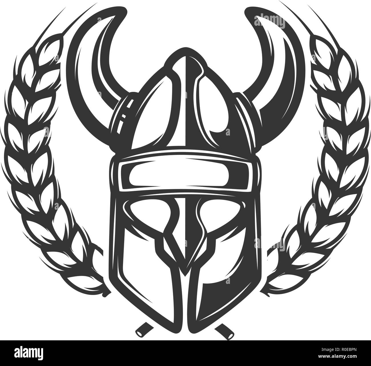 Emblem Vorlage mit Kranz und Viking Helm. Design Element für Logo, Label, Emblem, sign. Vector Illustration Stock Vektor