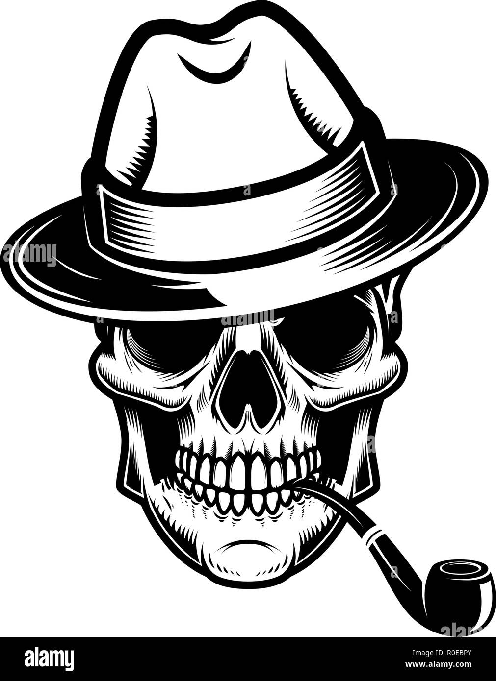 Totenkopf mit Hut und Rauchen. Design Element für Logo, Label, Emblem, sign. Vector Illustration Stock Vektor