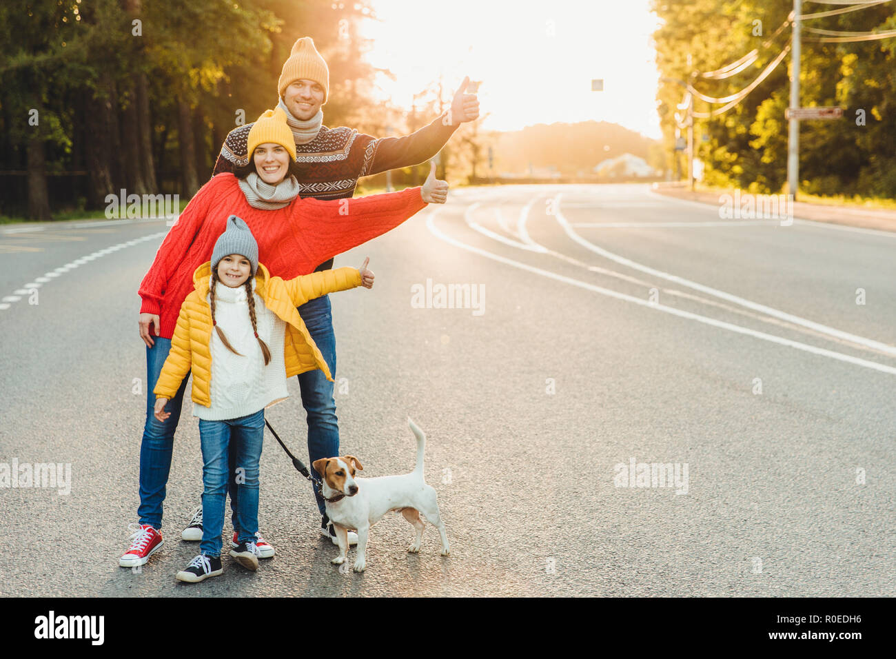 Outdoor Portrait von hübsche Frau, ihr Ehemann und Tochter zeigen ok Zeichen, Spaziergang mit Hund auf der Straße, Sonnenschein genießen, aktiven Lebensstil. Freundliche Familie. Stockfoto