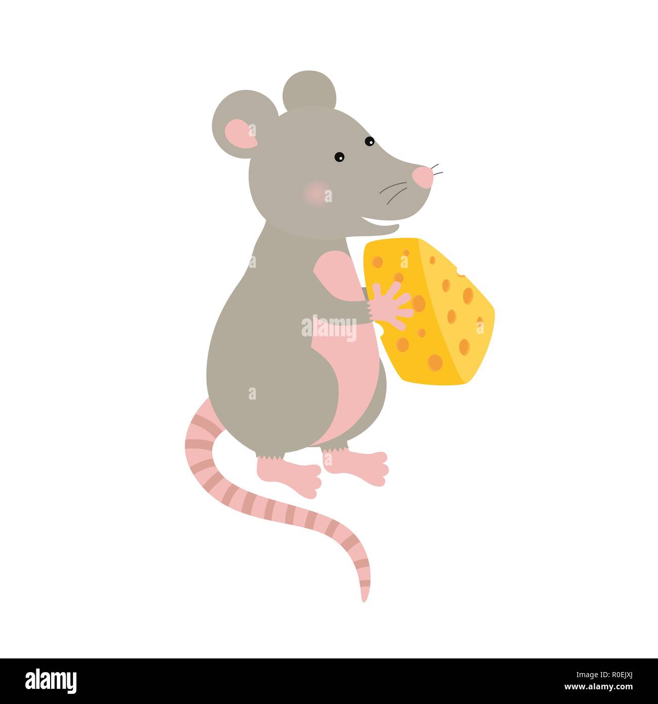 Cartoon hand gezeichnete Figur Maus mit einem Stück Käse Stock Vektor