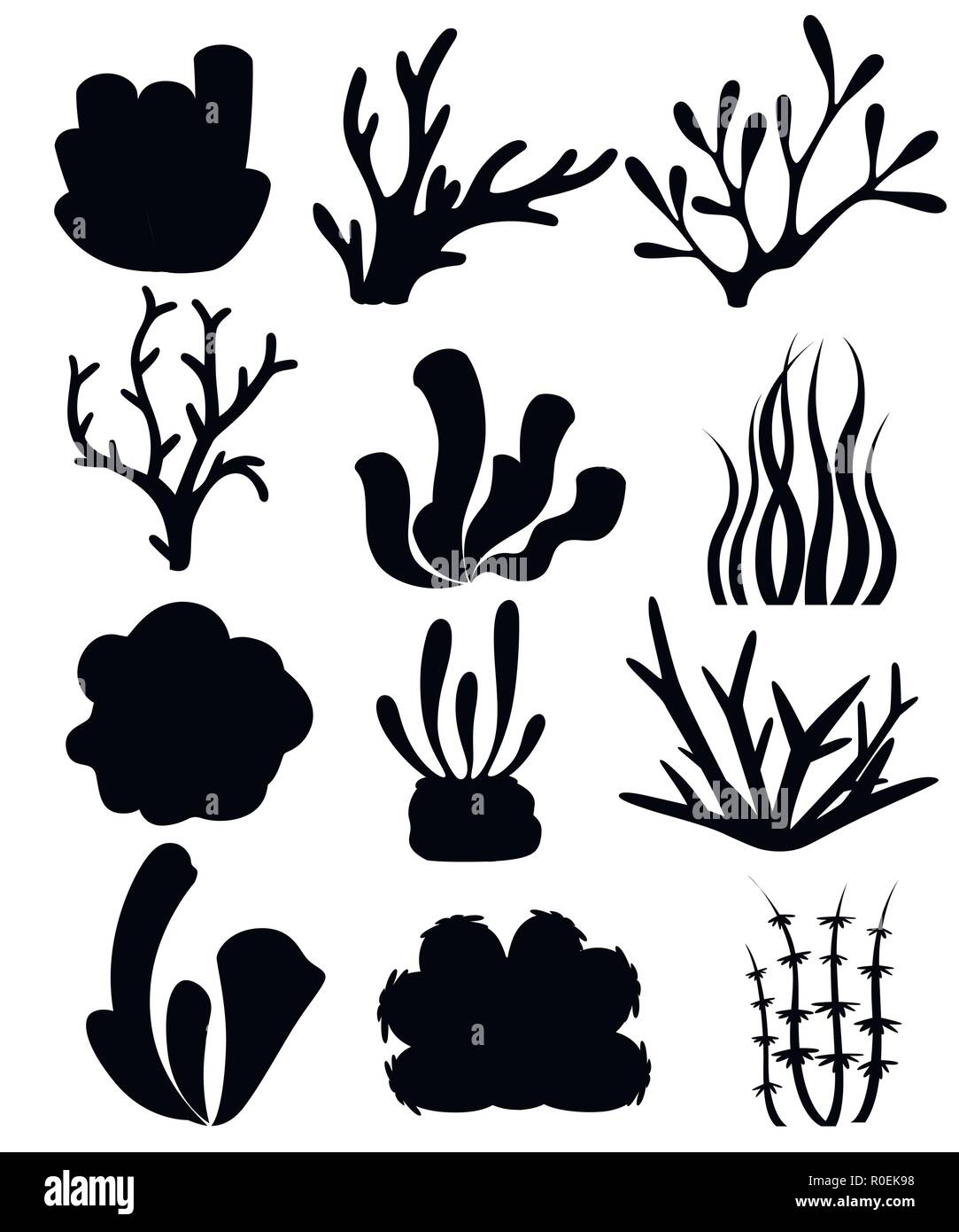 Schwarze Silhouette. Sammlung von Korallen und Algen. Deep sea Floral Design. Ocean Flora und Fauna. Flache Vector Illustration auf weißen backgrou isoliert Stock Vektor