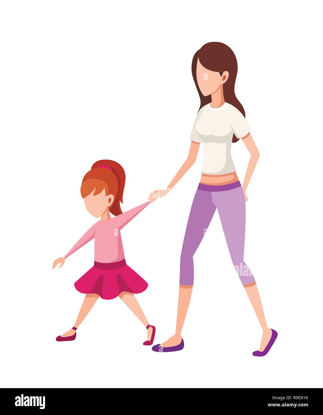 Mutter und Tochter. Mädchen gehen mit Mama, halten sich an den Händen. Kein Gesicht Charakter Design. Flache cartoon Vector Illustration auf weißem Hintergrund. Stock Vektor