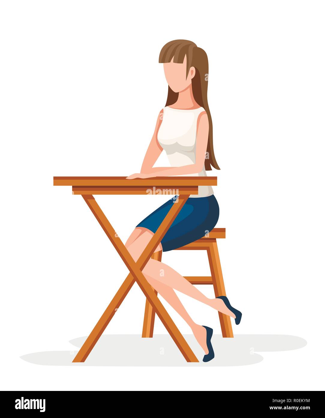 Frauen sitzen auf hölzernen Stuhl. Kein Gesicht Charakter Design. Mädchen sitzen mit gekreuzten Beinen in formale Abnutzung, Holzschreibtisch. Flache Vector Illustration auf Pfingstmontag isoliert Stock Vektor