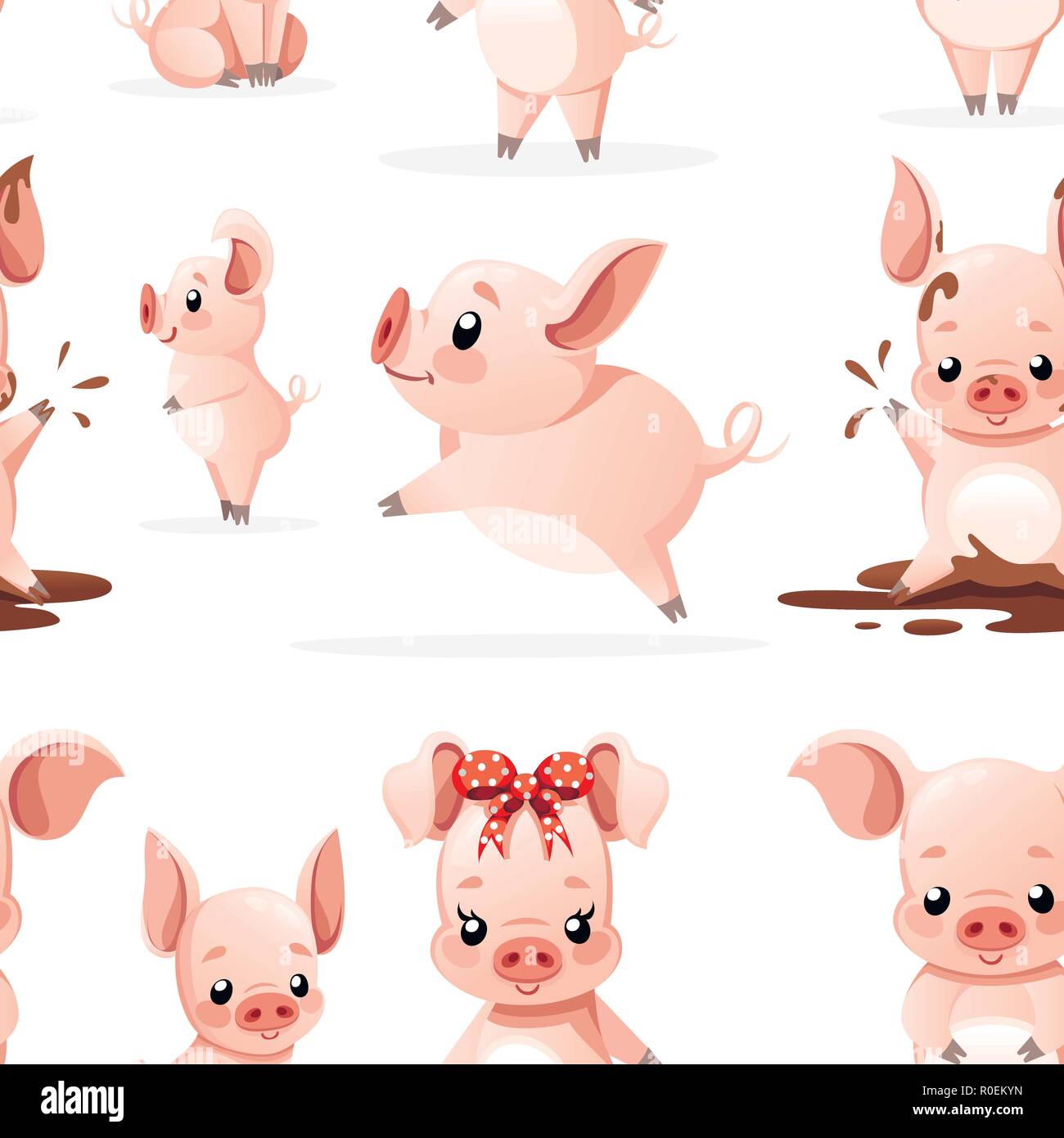 Nahtlose Muster. Nettes Schwein Sammlung. Cartoon Character Design. Kleine Schweine in unterschiedlichen Posen. Sauber und Schlamm. Flache Vector Illustration auf Weiß zurück Stock Vektor