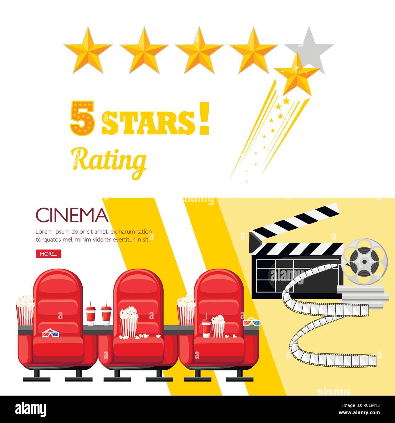 Rote kino Stühlen. 5 Sterne Bewertung Konzept kino Design. Cola und Popcorn. Webseite und mobile App Design. Flache Vector Illustration. Stock Vektor