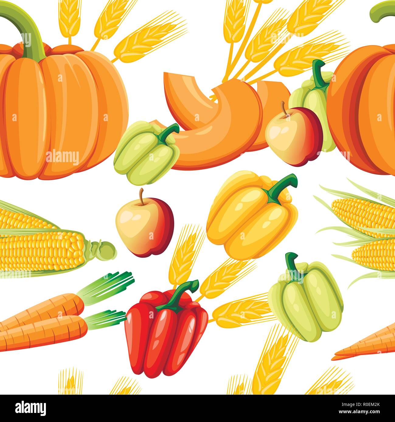 Nahtlose Muster von frischem Gemüse. Pfeffer, Kürbis, Karotten und Mais. Gesundes Essen Flat Style. Vector Illustration auf weißem Hintergrund. Stock Vektor