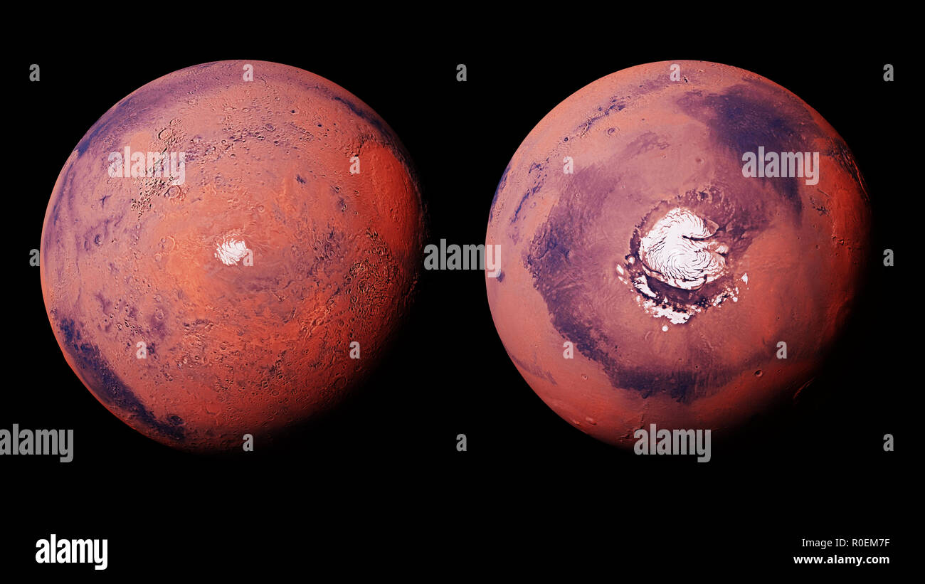 Mars mit Nord und Süd polare Eiskappe des Roten Planeten, auf weißem Hintergrund Stockfoto