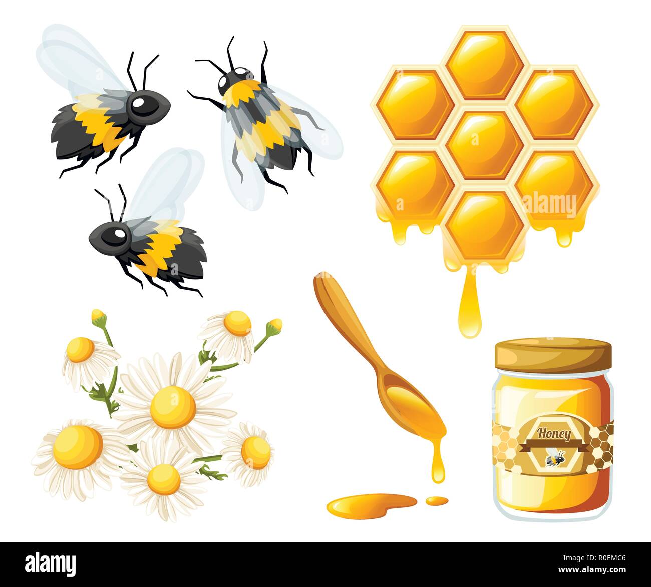 Waben mit Honig fällt. Honig mit Blumen und Bienen. Container für Honig und Löffel. Logo für Shop oder Bäckerei. Flache Vektor-illustration isolieren Stock Vektor