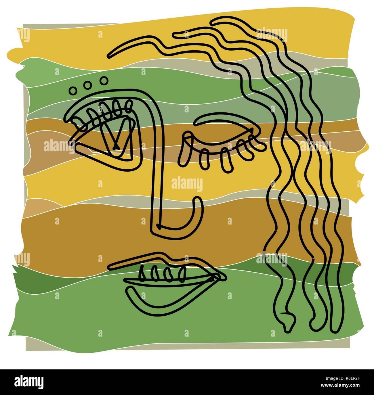 Mädchen Gesicht im Kubismus outline Style auf der abstrakten Hintergrund in warmen Farben. Stock Vektor