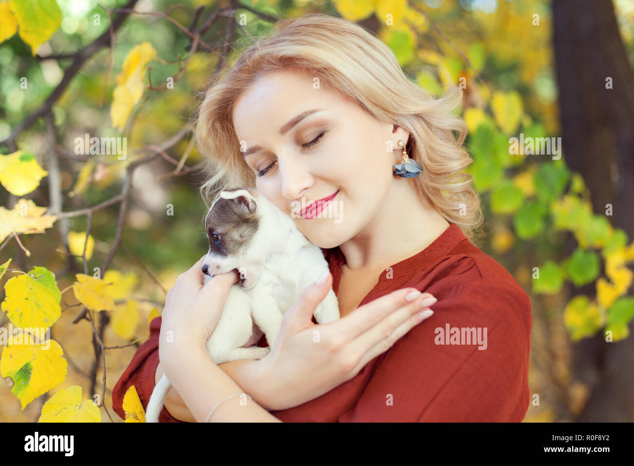 Porträt einer wunderschönen jungen Frau mit einem Welpen im Herbst Park. Stockfoto