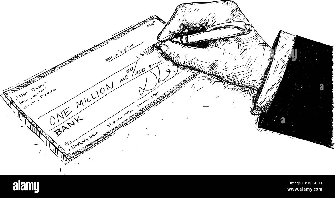 Vektor Künstlerische Zeichnung Abbildung der Hand des Kaufmanns füllen eine Million Dollar Prüfen oder Prüfen Stock Vektor