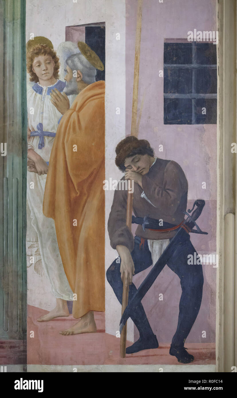Fresko 'Saint Peter, aus Haft entlassen" durch die italienische Renaissance Maler Filippino Lippi (1485) in der Brancacci-kapelle (Cappella Brancacci) in der Kirche von Santa Maria del Carmine in Florenz, Toskana, Italien. Stockfoto
