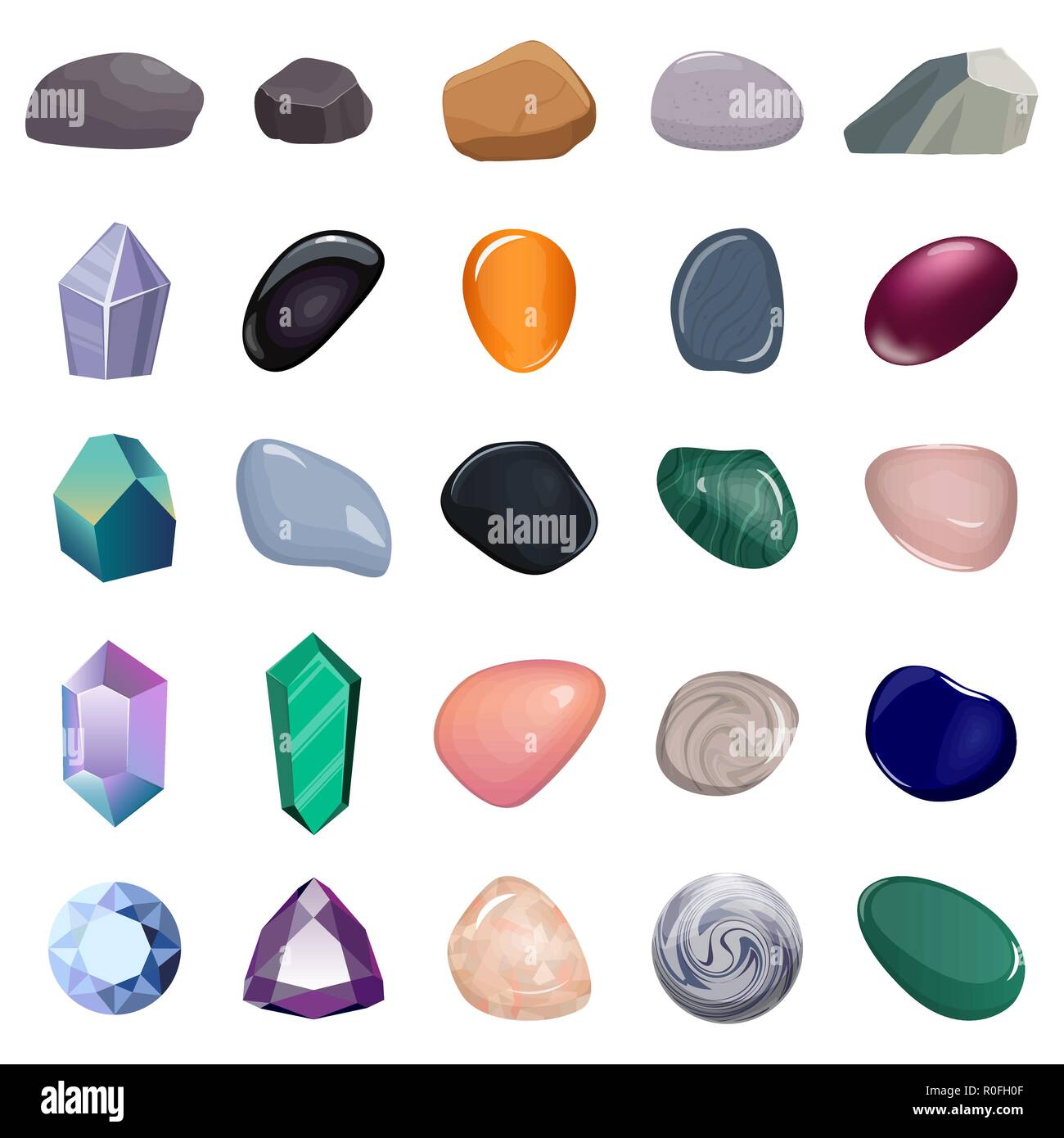 Satz von verschiedenen Steinen und Kristallen. Verschiedene Arten von Mineralien, Kristalle, Edelsteine, Diamanten, isoliert. Vector Illustration Stock Vektor