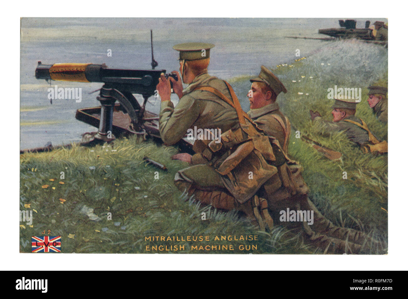 Französisch Historische Postkarte: British Machine Gun Team in Position. Die Soldaten sollen sich auf den Feind zu schießen. Warten auf den Angriff zu beginnen. Stockfoto