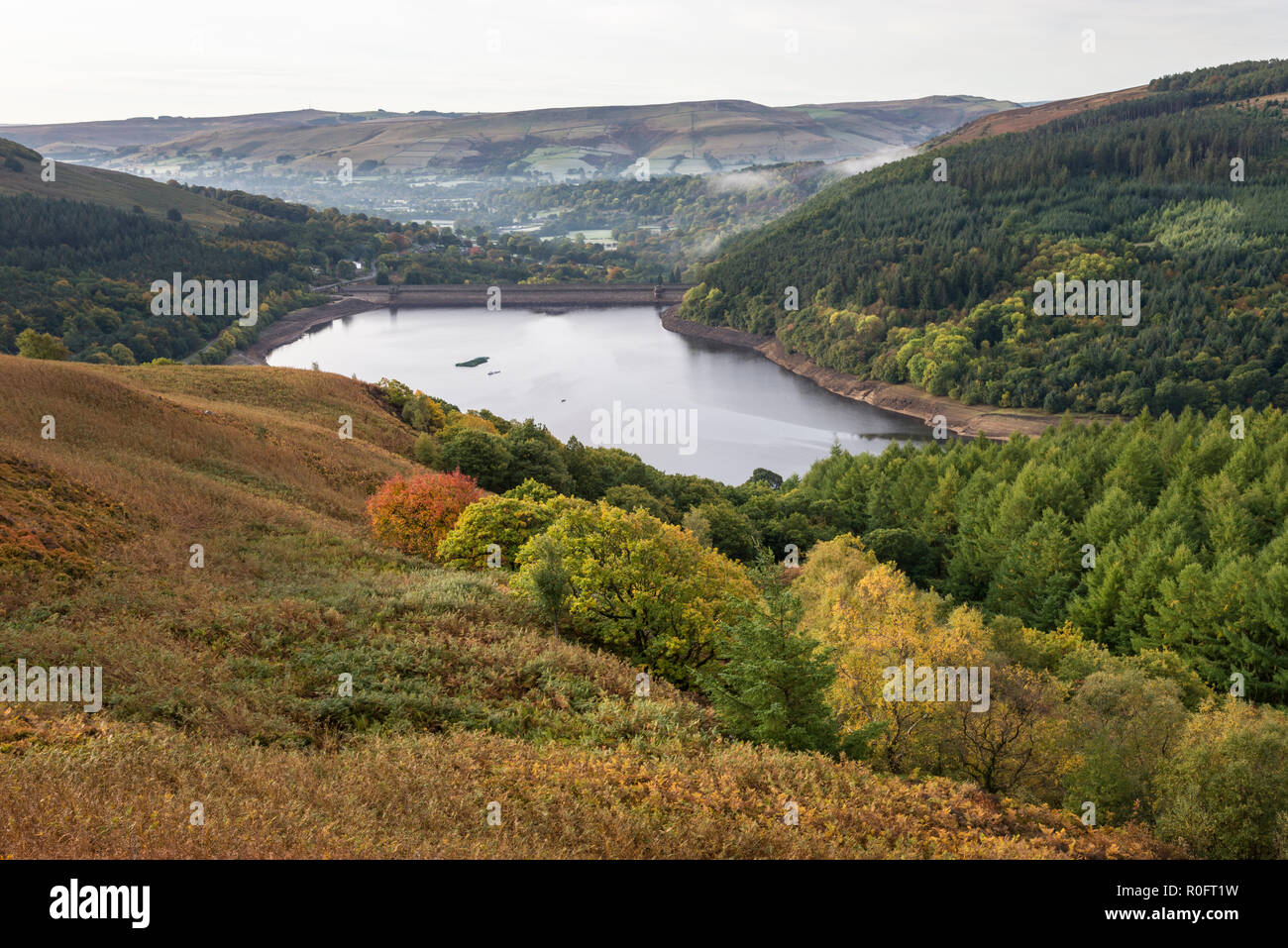 Blick auf Ladybower Reservoir an einem herbstmorgen im Peak District National Park, Derbyshire, England. Stockfoto