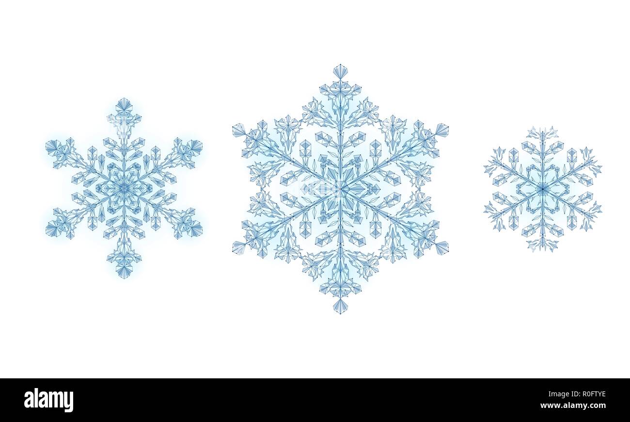 Polygonale Low Poly festliche Schneeflocke. Detaillierte 3D-Render geometrische Dreieck Grußkarte isoliert. Eis Schnee kristall Licht funkeln Weihnachten Neujahr template Vector Illustration Stock Vektor