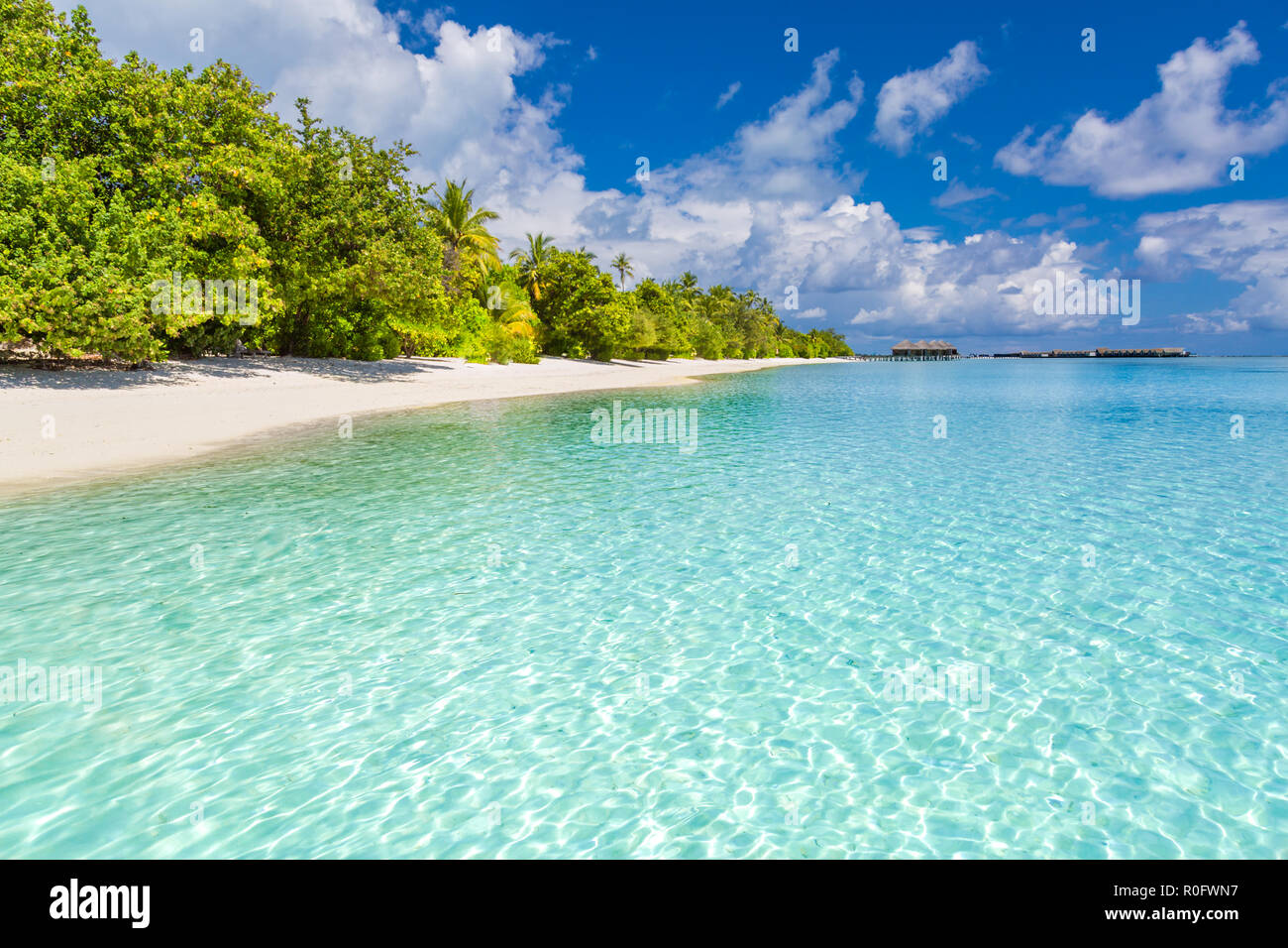 Strand, Natur, Landschaft der Malediven mit blaues Meer, blauer Himmel und Palmen am weißen Sandstrand. Perfekte tropische Szene Stockfoto