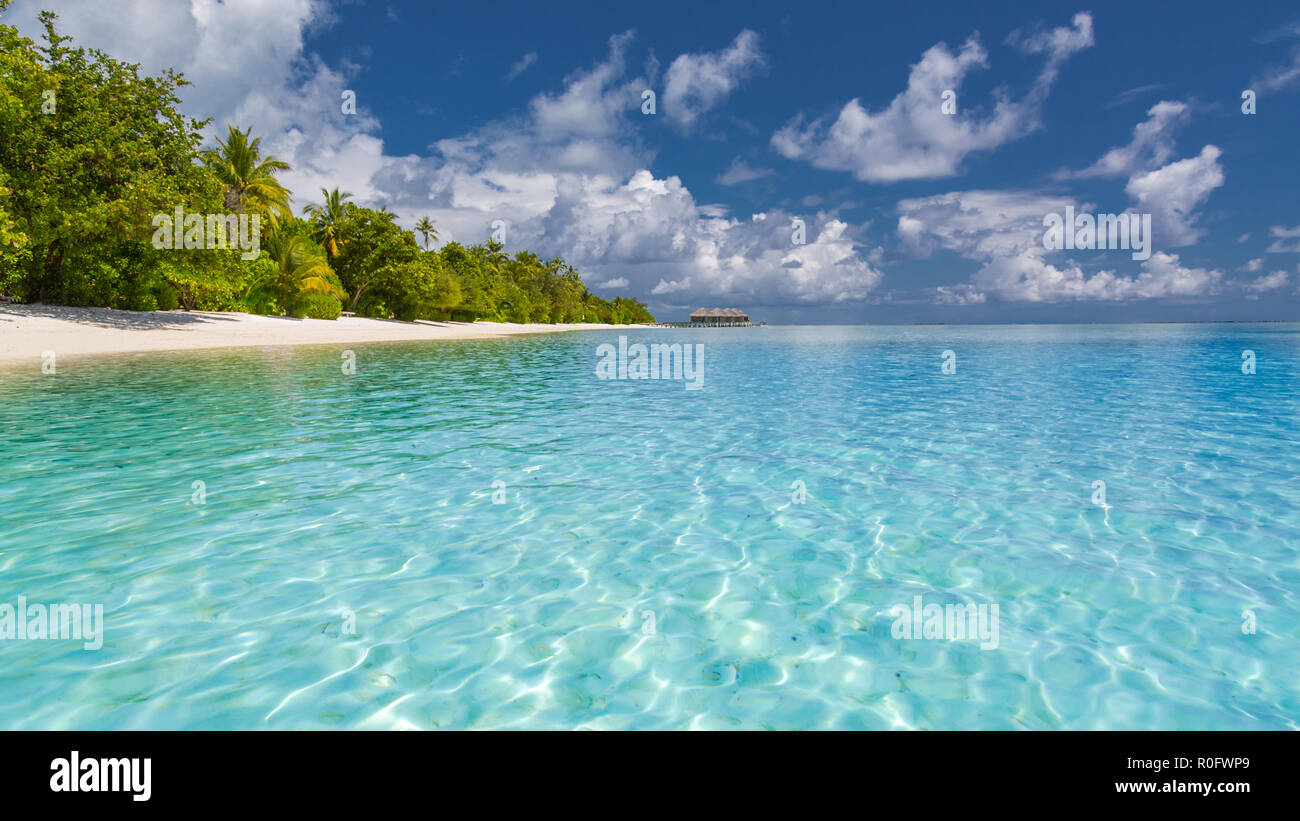 Strand, Natur, Landschaft der Malediven mit blaues Meer, blauer Himmel und Palmen am weißen Sandstrand. Perfekte tropische Szene Stockfoto