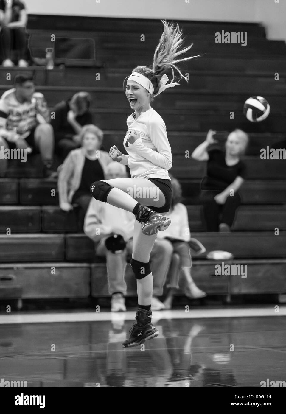 Volleyball Aktion mit Quincy vs Hamilton High School in Red Bluff, Kalifornien. Stockfoto