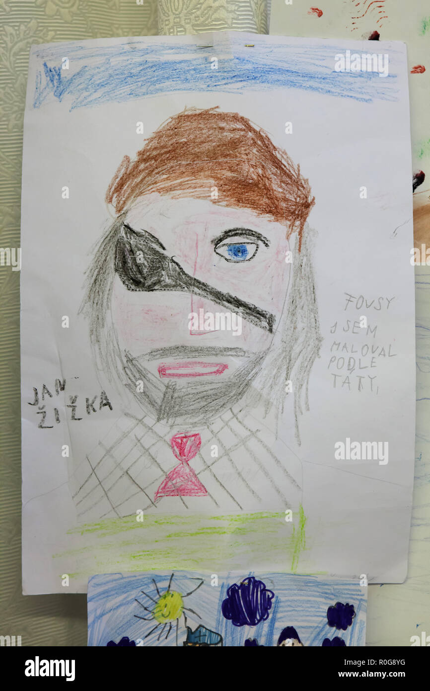 Porträt der hussitischen Heerführer Jan Žižka in Zeichnung eines Kindes dargestellt, die in der Gemeinde Haus der Tschechoslowakischen hussitischen Kirche (Husův sbor) im Stadtteil Holešovice in Prag, Tschechische Republik. Text in der tschechischen Sprache in die richtige bedeutet: Ich habe den Bart nach meinem Vater. Stockfoto
